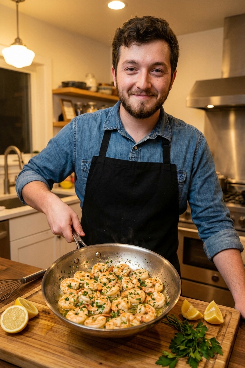 A real photograph of shrimp scampi in a stainless-steel skillet with a glossy garlic butter lemon sauce, chopped parsley, and lemon wedges on the side, warm kitchen lighting