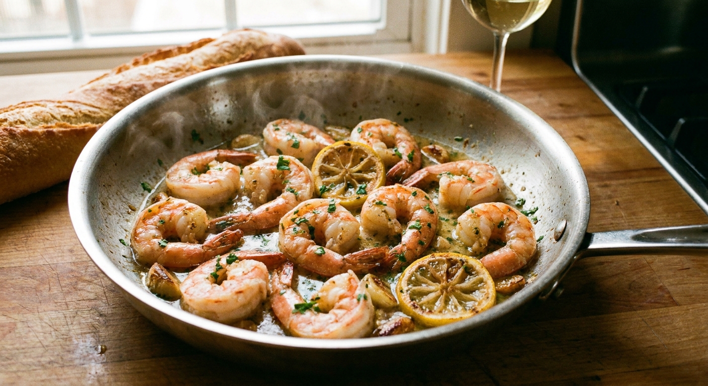A real photograph of shrimp scampi in a stainless-steel skillet with browned garlic, lemon slices, parsley, and a glossy butter sauce, warm kitchen lighting