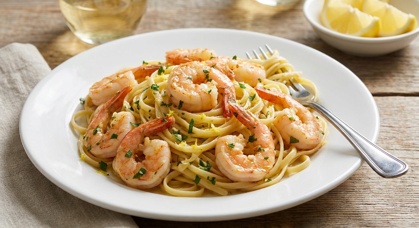 A real photograph of shrimp scampi served over linguine on a white plate with parsley and lemon zest, with a fork resting on the edge