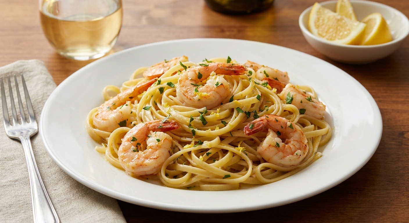 A real photograph of shrimp scampi served over linguine on a white plate with parsley and lemon zest, dinner table setting