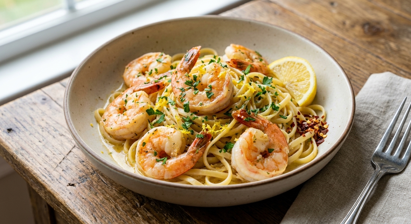 A real photograph of shrimp scampi served over linguine in a shallow bowl with parsley and lemon zest, close-up food photography