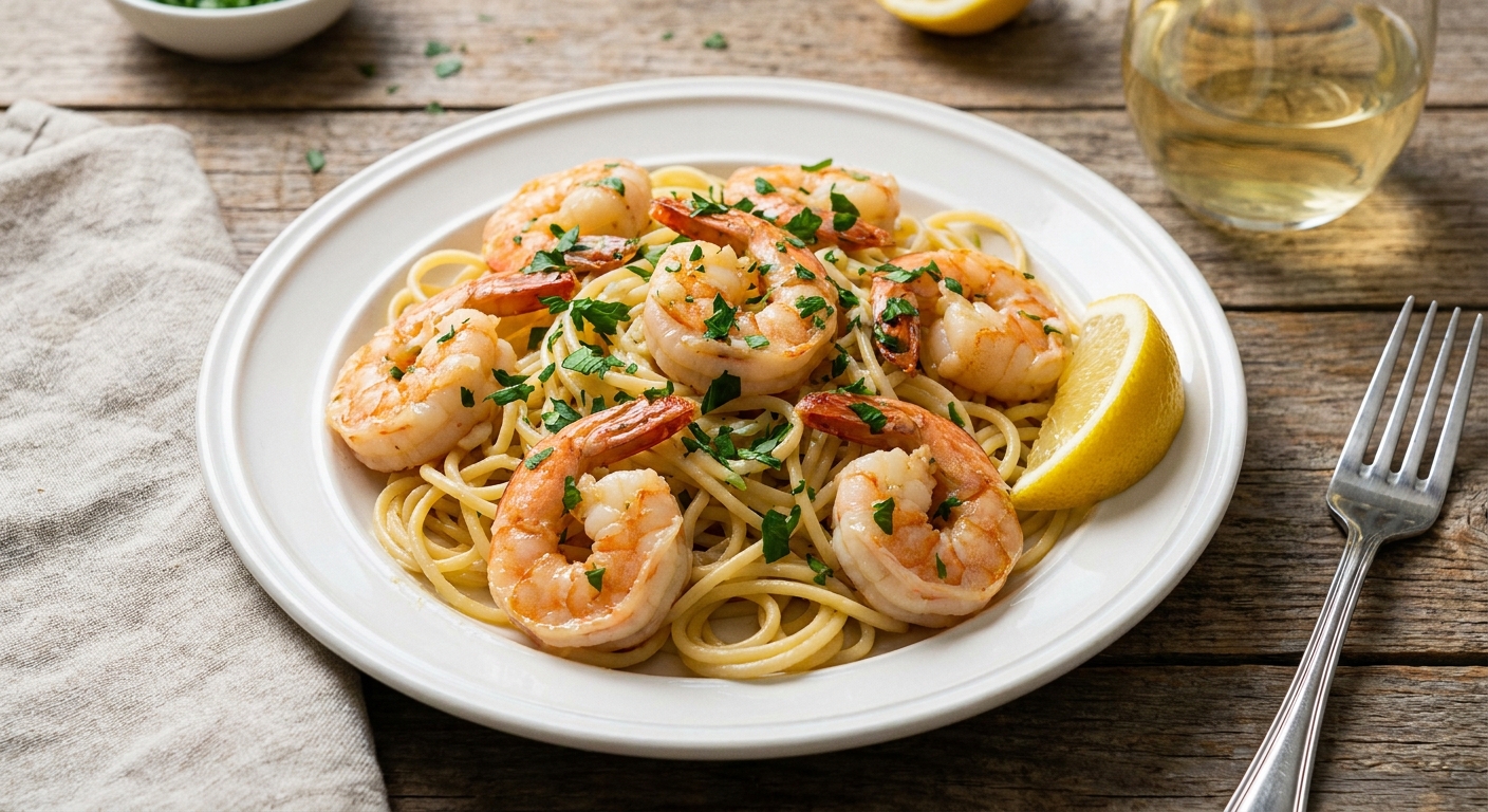 A real photograph of shrimp scampi served over spaghetti on a white plate with chopped parsley and a lemon wedge on the side