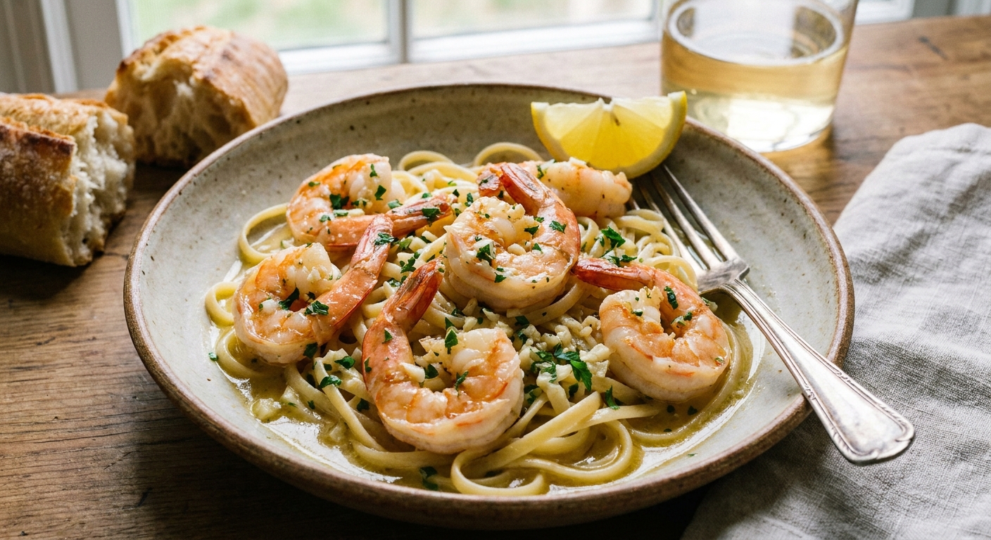 A real photograph of shrimp scampi spooned over linguine in a shallow bowl, with visible garlic and parsley in the glossy sauce, a lemon wedge on the rim, and a fork resting beside the bowl