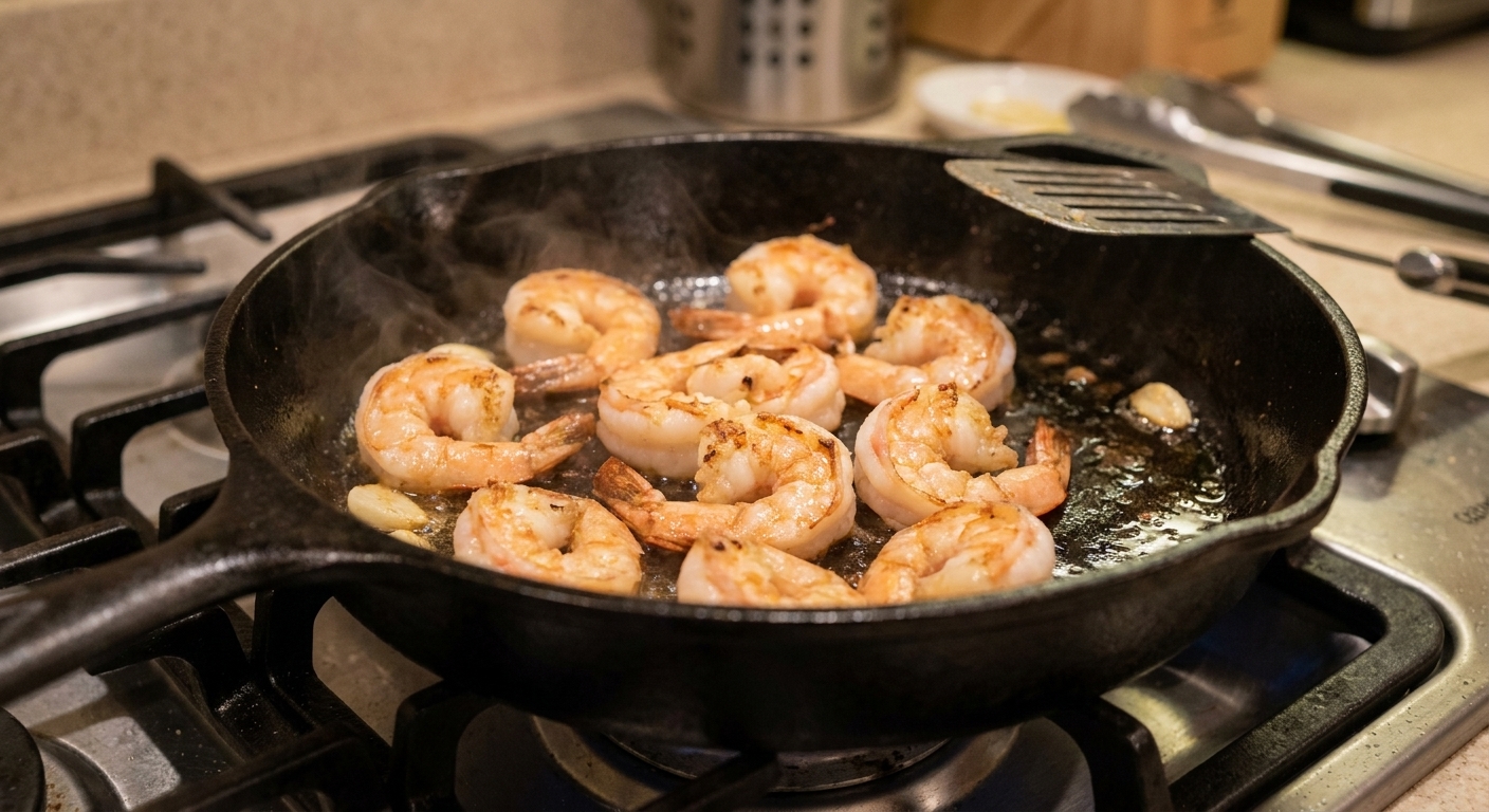 A real photograph of shrimp searing in a hot skillet with light browning on the edges and minimal liquid in the pan, close-up cooking action