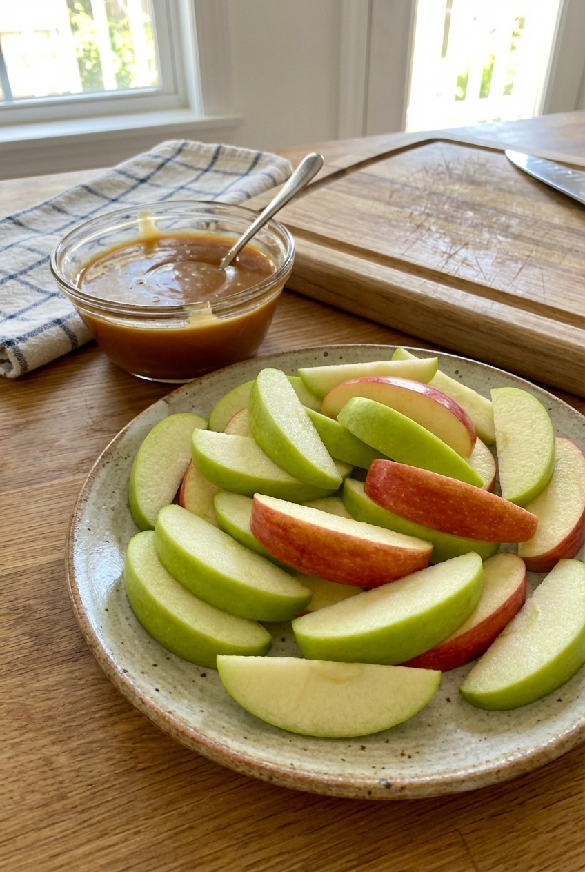A real photograph of sliced apples on a plate with a small bowl of caramel sauce