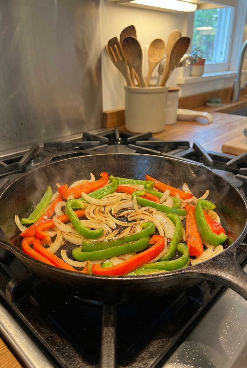A real photograph of sliced bell peppers and onions cooking in a hot skillet with light browning on the edges