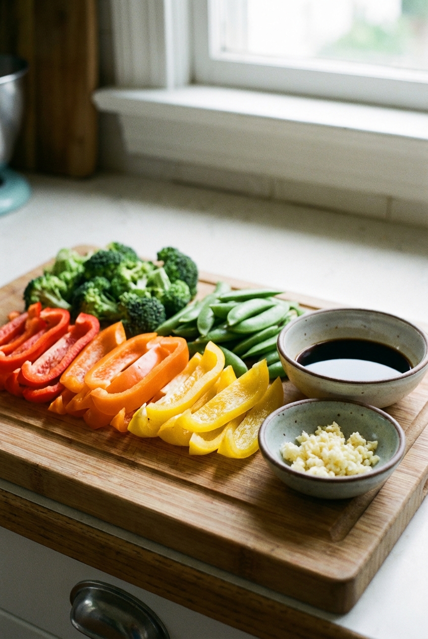 A real photograph of sliced bell peppers, broccoli florets, and snap peas on a cutting board next to small bowls of soy sauce and minced garlic