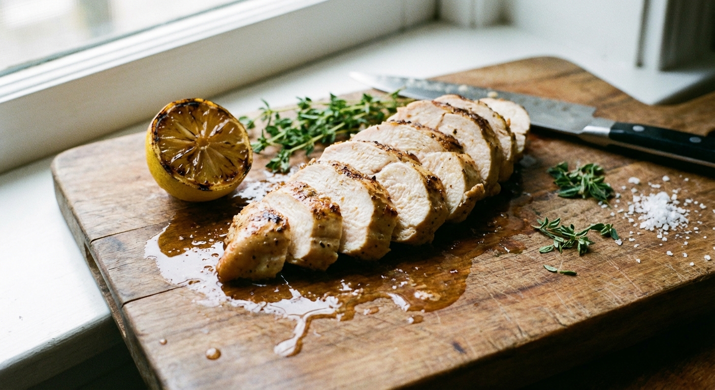 A real photograph of sliced cooked chicken breast on a cutting board with visible juices and a lemon half nearby