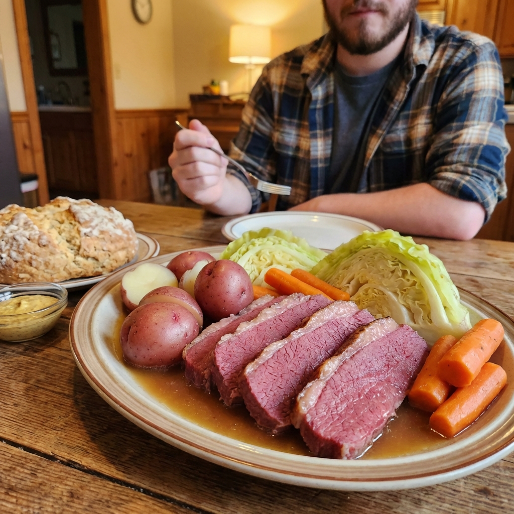 A real photograph of sliced corned beef on a platter with cabbage wedges, carrots, and baby potatoes, glistening with broth on a wooden table
