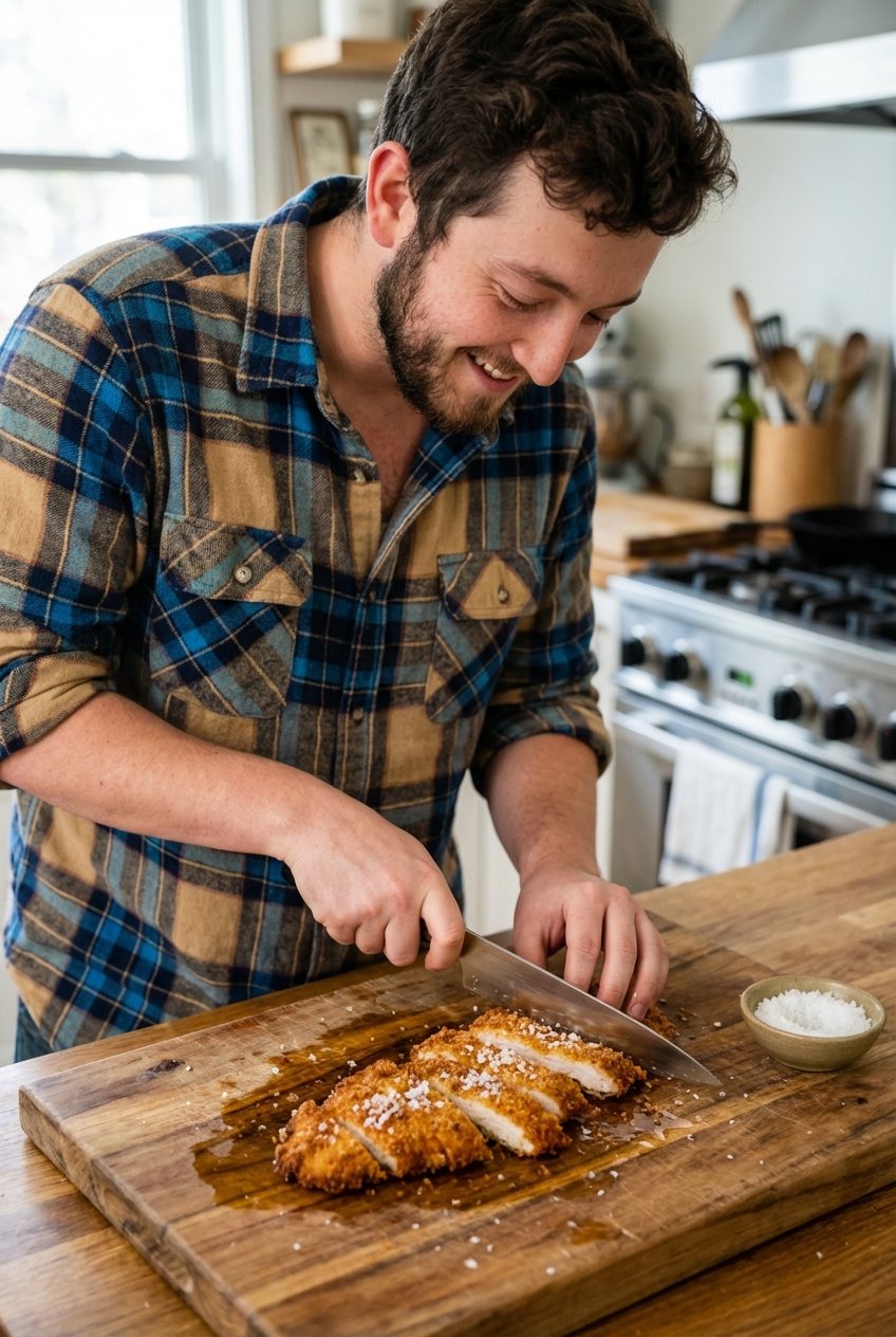 A real photograph of sliced crispy chicken cutlets on a cutting board with flaky salt
