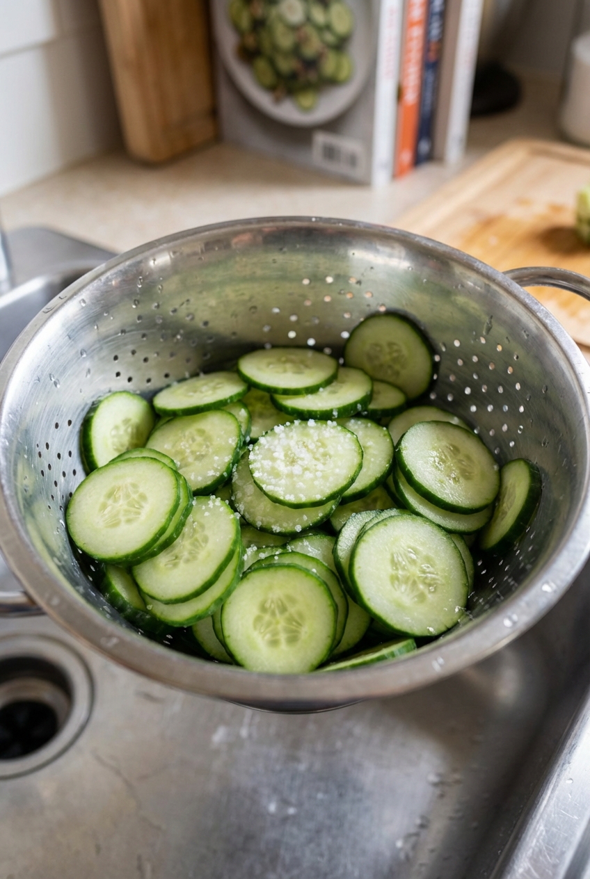 A real photograph of sliced cucumbers draining in a colander with a light sprinkle of salt
