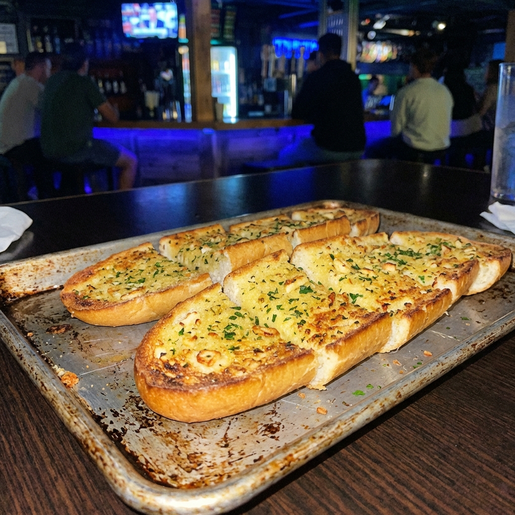 A real photograph of sliced garlic bread on a sheet pan with golden toasted edges