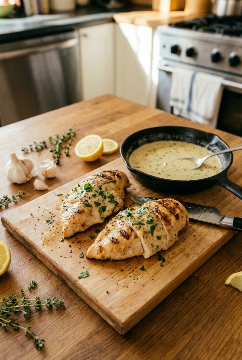 A real photograph of sliced grilled chicken on a cutting board with creamy sauce in a small skillet nearby
