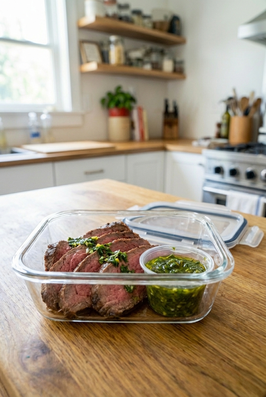 A real photograph of sliced leftover London broil in a glass meal prep container with a small cup of sauce