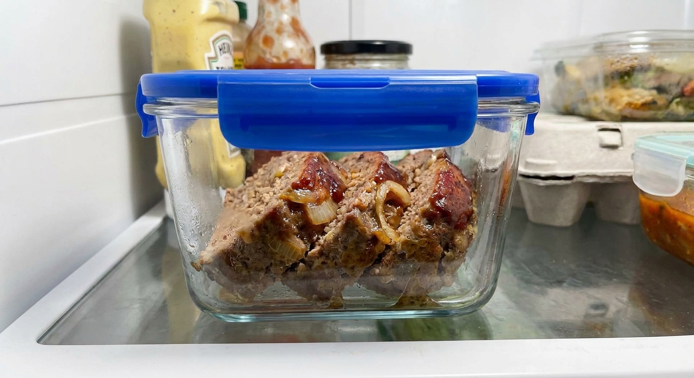 A real photograph of sliced meatloaf arranged in an airtight glass container with a snap-on lid, sitting on a refrigerator shelf