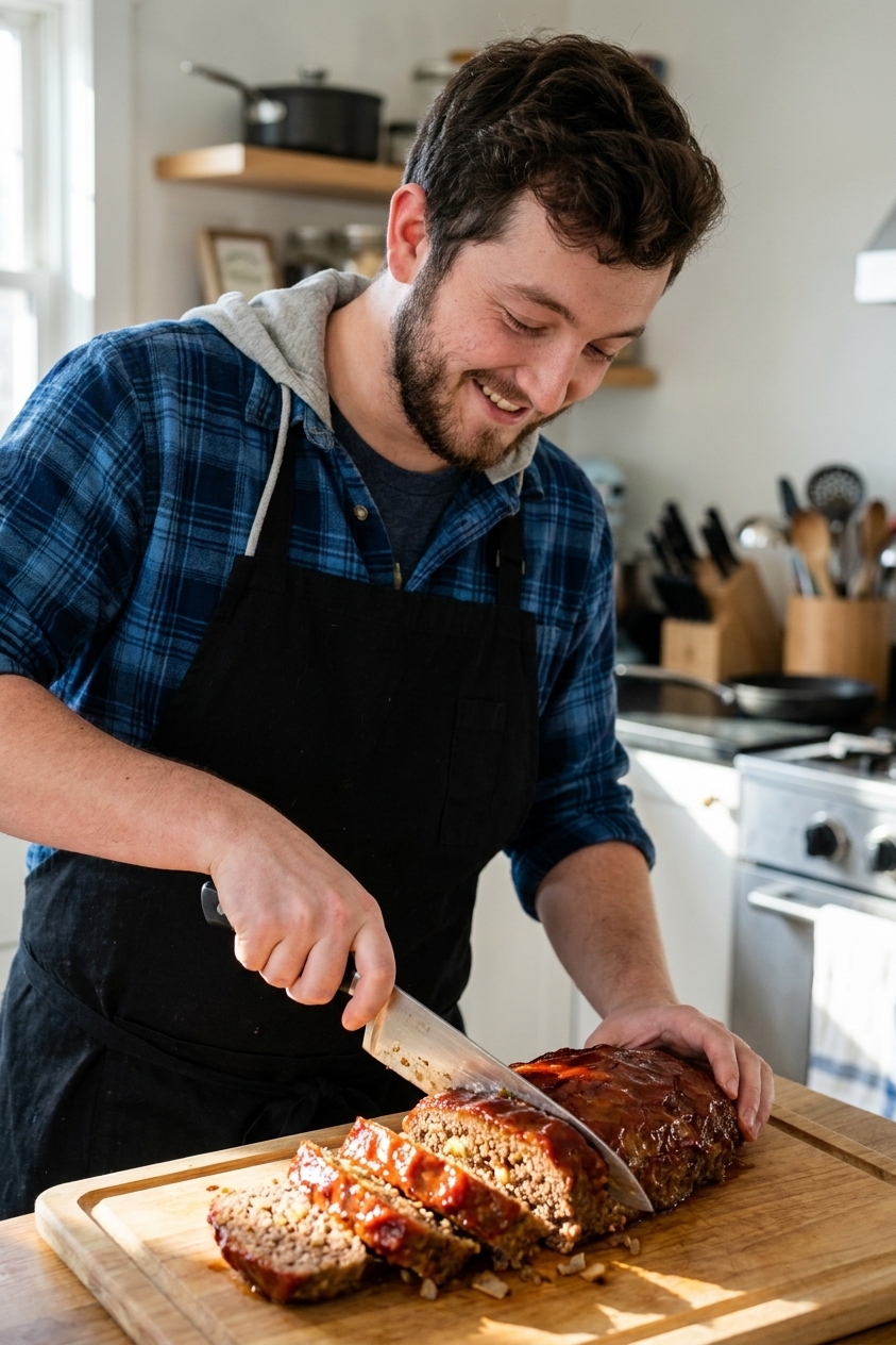 A real photograph of sliced meatloaf on a wooden cutting board with a shiny glaze and visible bits of onion, next to a chef's knife