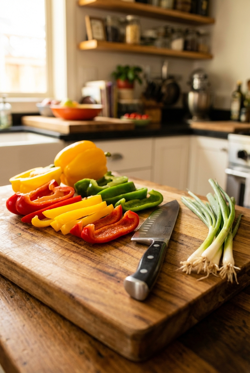 A real photograph of sliced red yellow and green bell peppers on a wooden cutting board next to a knife and scallions