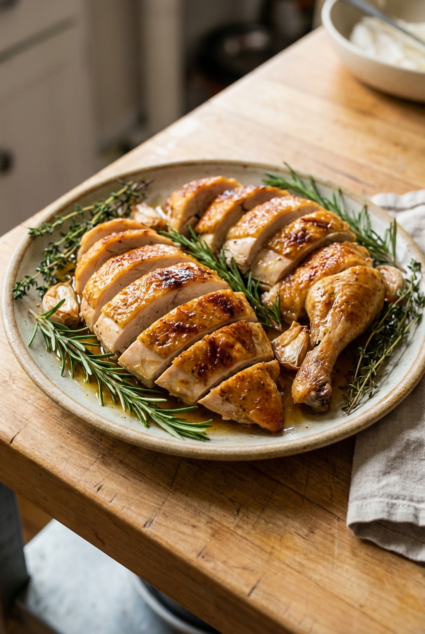 A real photograph of sliced roasted chicken with golden skin on a platter with herbs