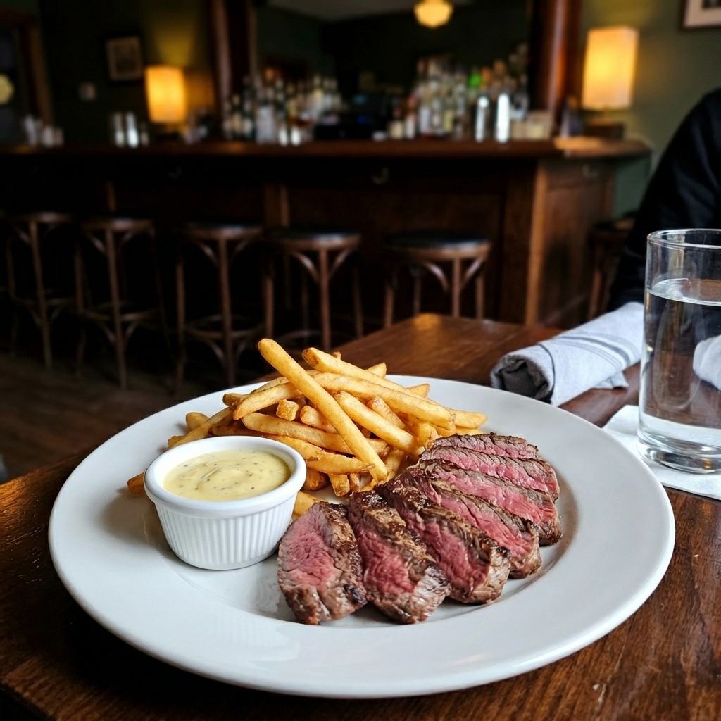 A real photograph of sliced steak with crispy fries on a white plate with a small cup of sauce