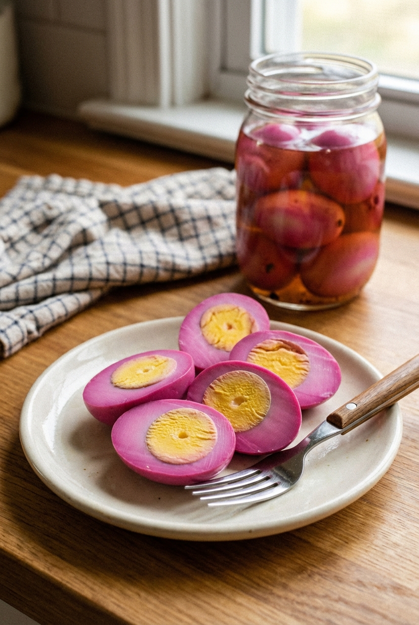 A real photograph of sliced sweet pickled eggs on a small plate with a fork and a jar in the background
