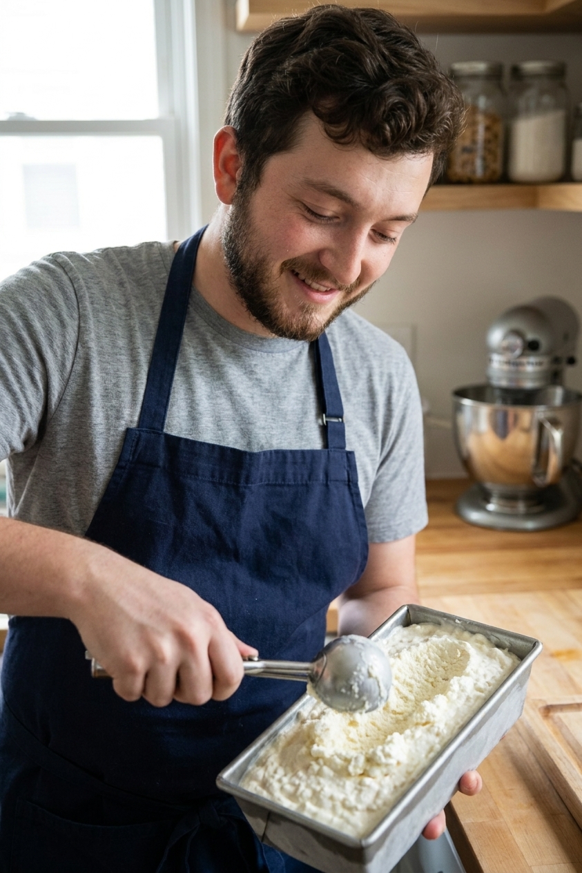 A real photograph of someone scooping creamy cottage cheese ice cream from a loaf pan with a metal ice cream scoop in a home kitchen