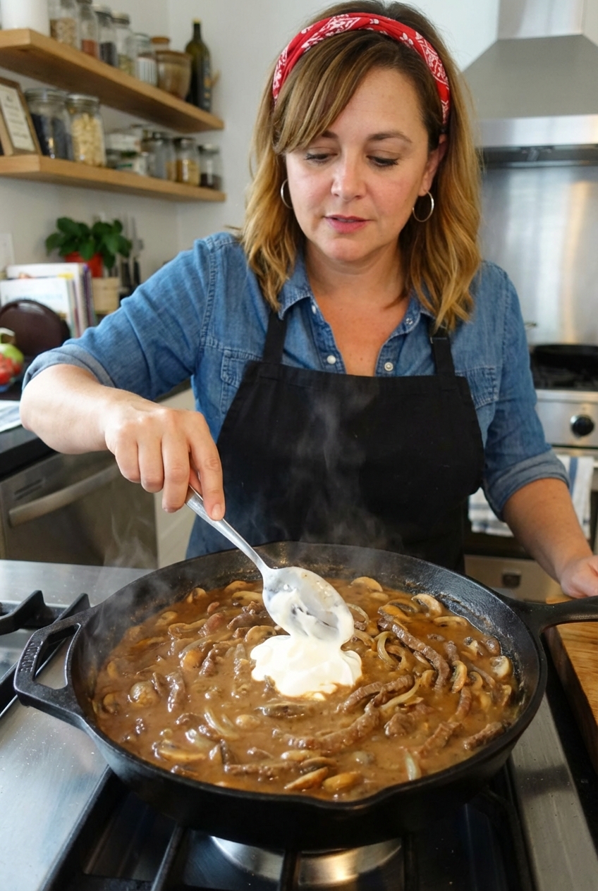 A real photograph of sour cream being stirred into stroganoff sauce in a skillet on a stovetop