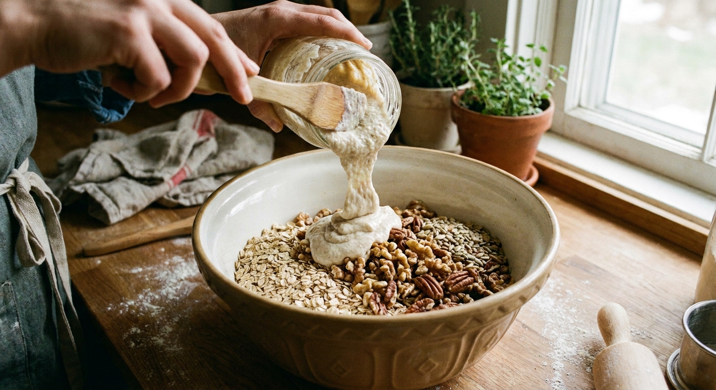 A real photograph of sourdough discard being poured into a mixing bowl of oats and nuts with a spatula in a home kitchen