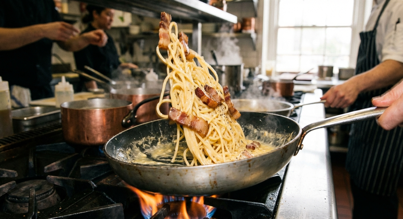 A real photograph of spaghetti being tossed in a skillet with egg-and-cheese sauce and crispy guanciale