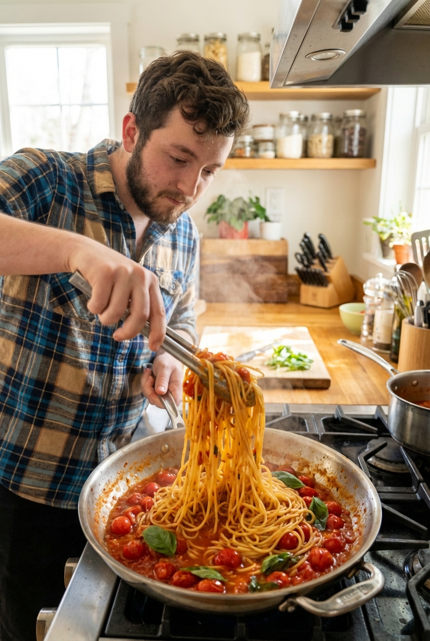A real photograph of spaghetti being tossed in a skillet with burst cherry tomato sauce and basil using tongs