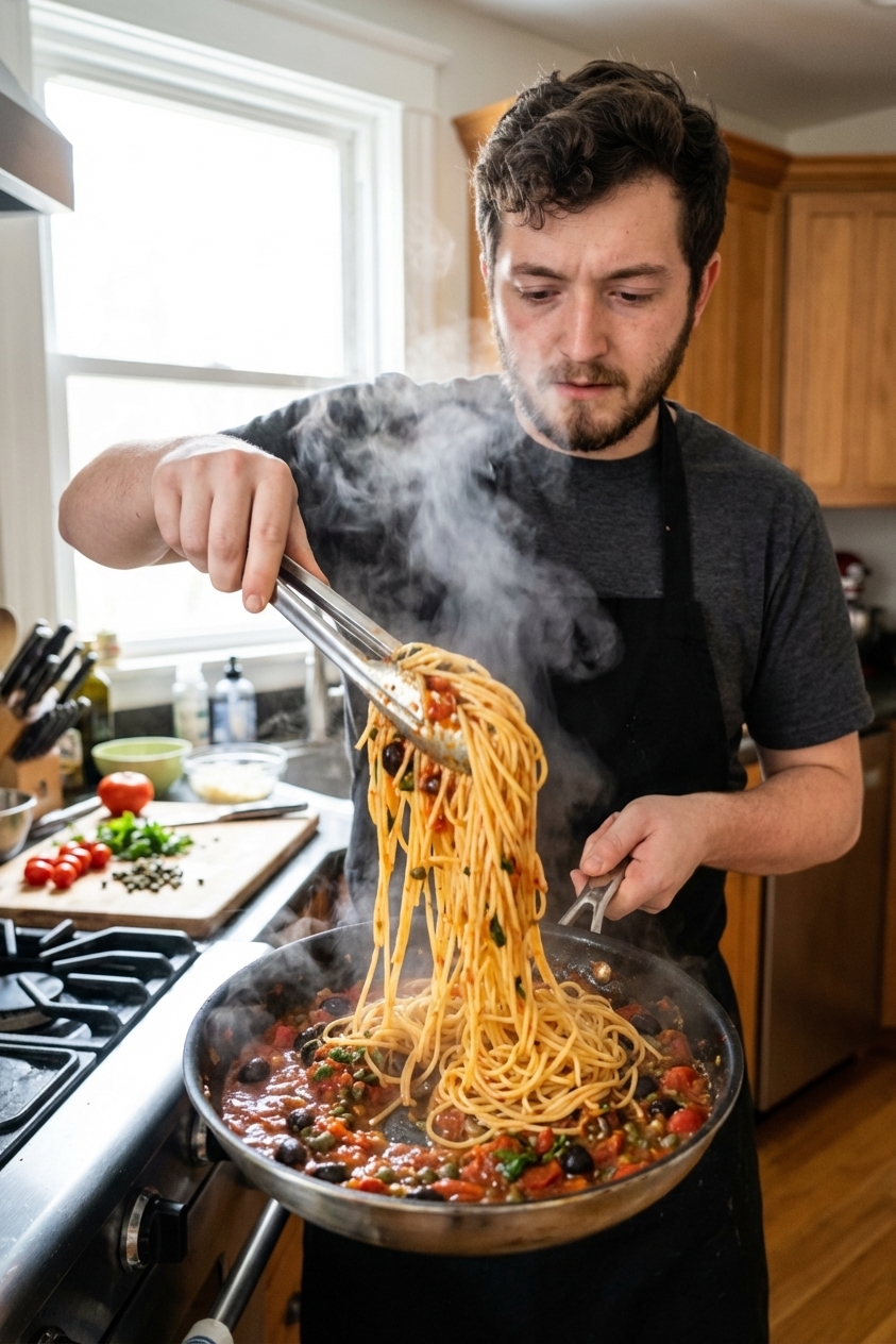 A real photograph of spaghetti being tossed in a skillet of puttanesca sauce with tongs, with olives and capers visible and steam rising