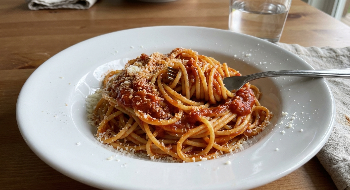 A real photograph of spaghetti coated in marinara sauce twirled in a bowl with grated Parmesan