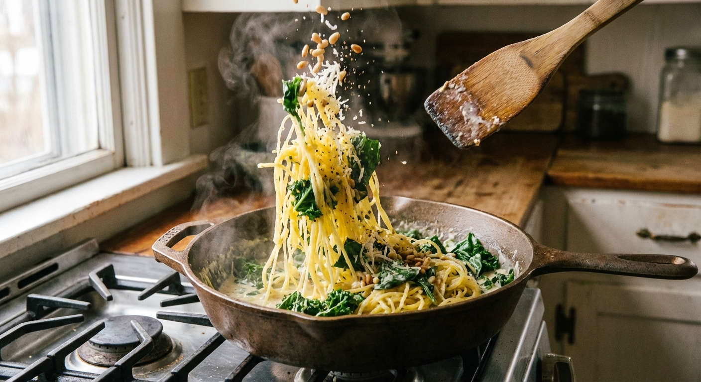 A real photograph of spaghetti squash strands being tossed in a skillet with a creamy Parmesan sauce and wilted greens