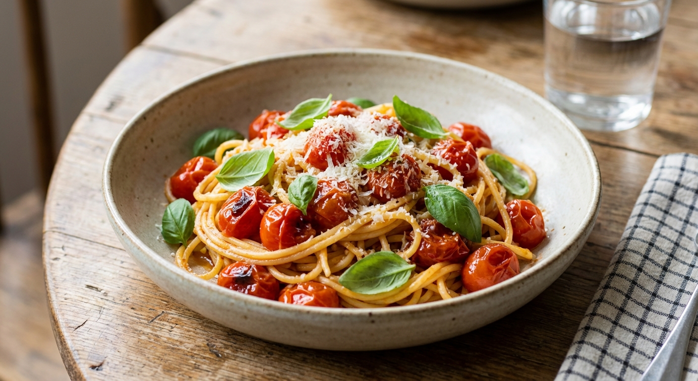 A real photograph of spaghetti tossed in a glossy cherry tomato sauce with burst tomatoes, fresh basil, and grated Parmesan in a shallow bowl on a wooden table