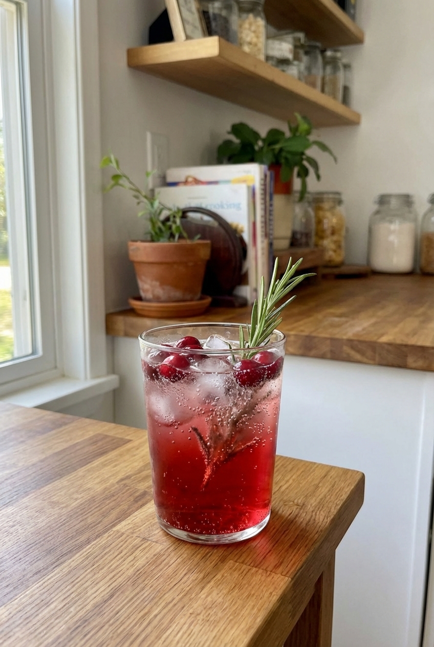 A real photograph of sparkling cranberry mocktail in a glass with ice and rosemary sprig, on a small table