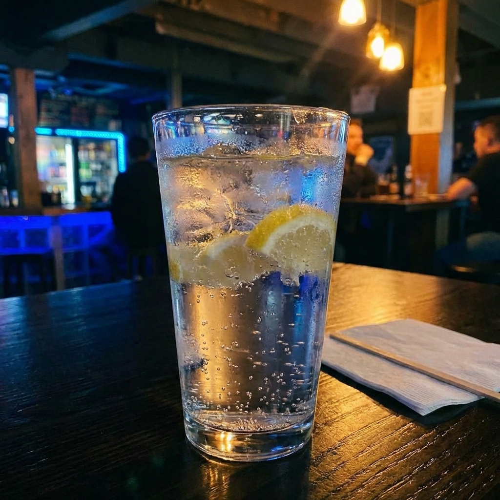 A real photograph of sparkling water with lemon slices in a glass