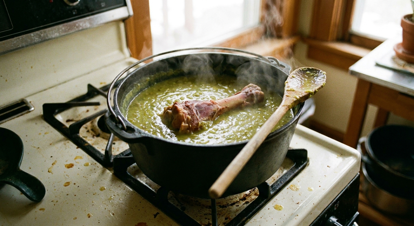 A real photograph of split pea soup gently simmering in a pot on a stovetop with a ham bone partially submerged and a wooden spoon resting on the rim