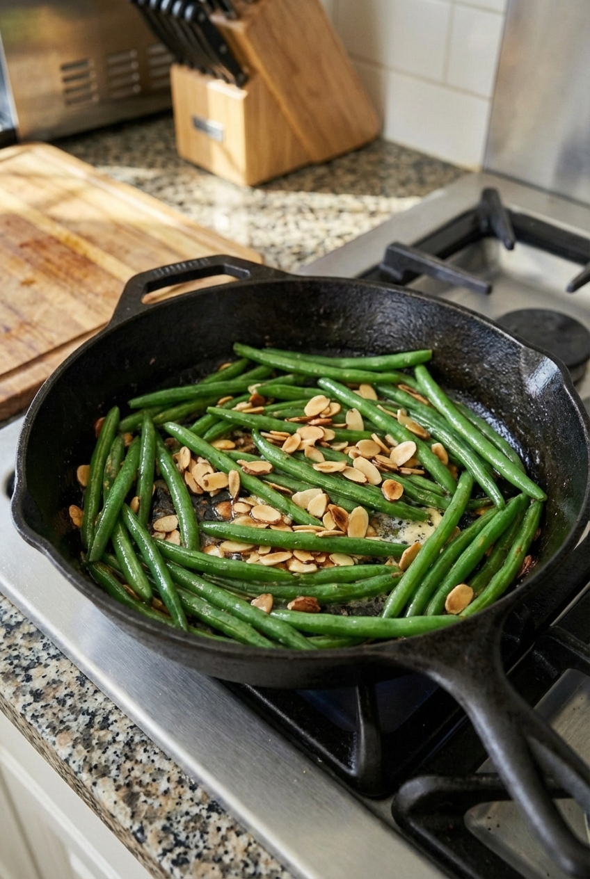 A real photograph of steamed green beans tossed with butter and toasted almonds in a skillet