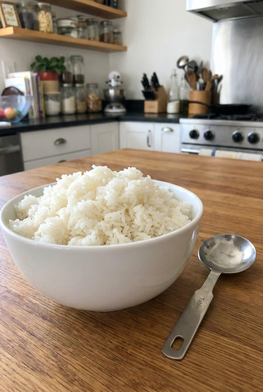 A real photograph of steamed jasmine rice in a white bowl with a spoon resting beside it on a kitchen table