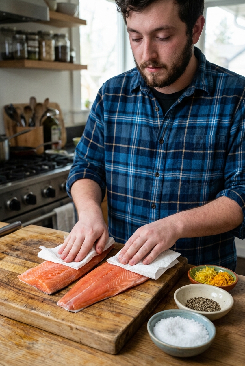 A real photograph of steelhead trout fillets on a cutting board being patted dry with paper towels next to small bowls of salt, pepper, and citrus zest