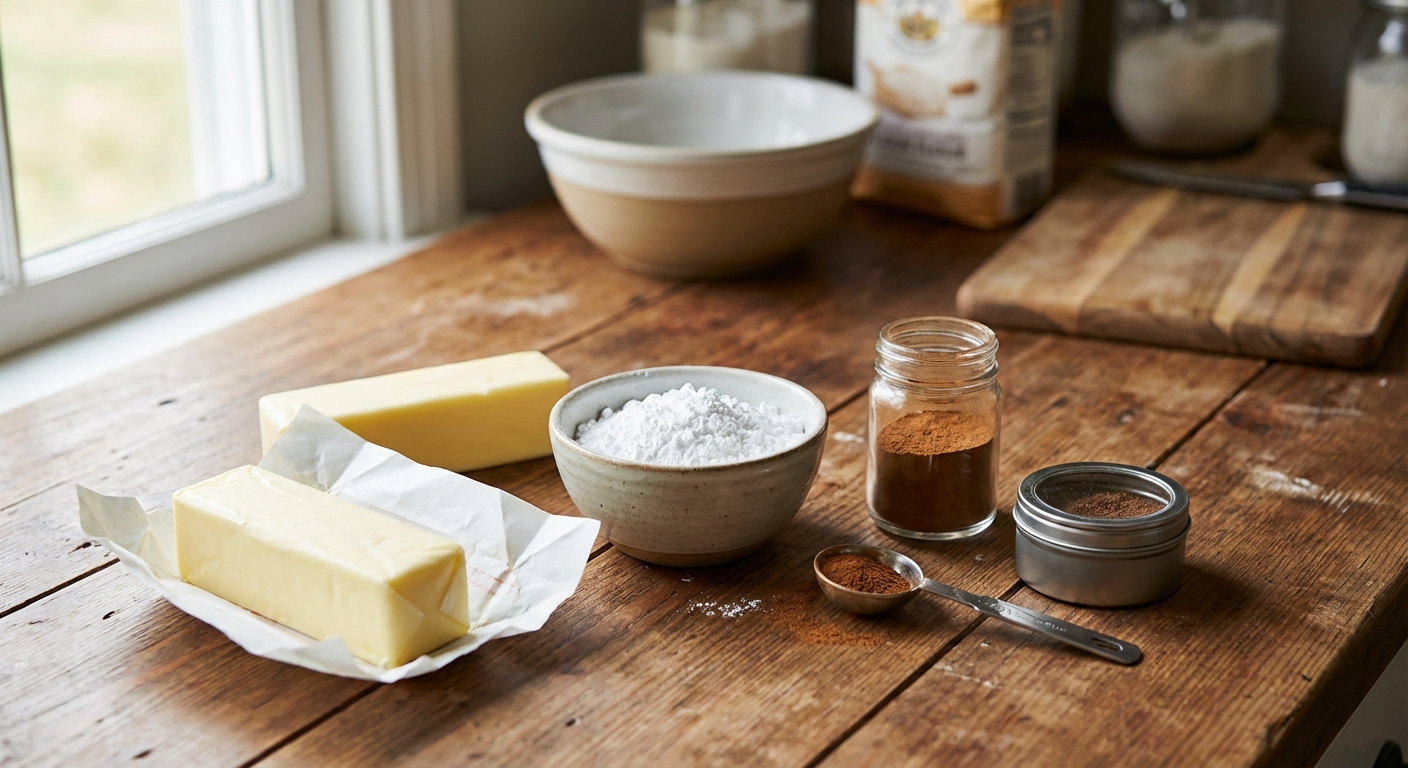 A real photograph of sticks of butter, a small bowl of powdered sugar, and ground cinnamon and nutmeg on a kitchen counter
