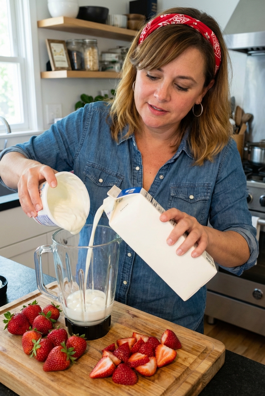 A real photograph of strawberries on a cutting board next to a blender jar with yogurt and milk being poured in