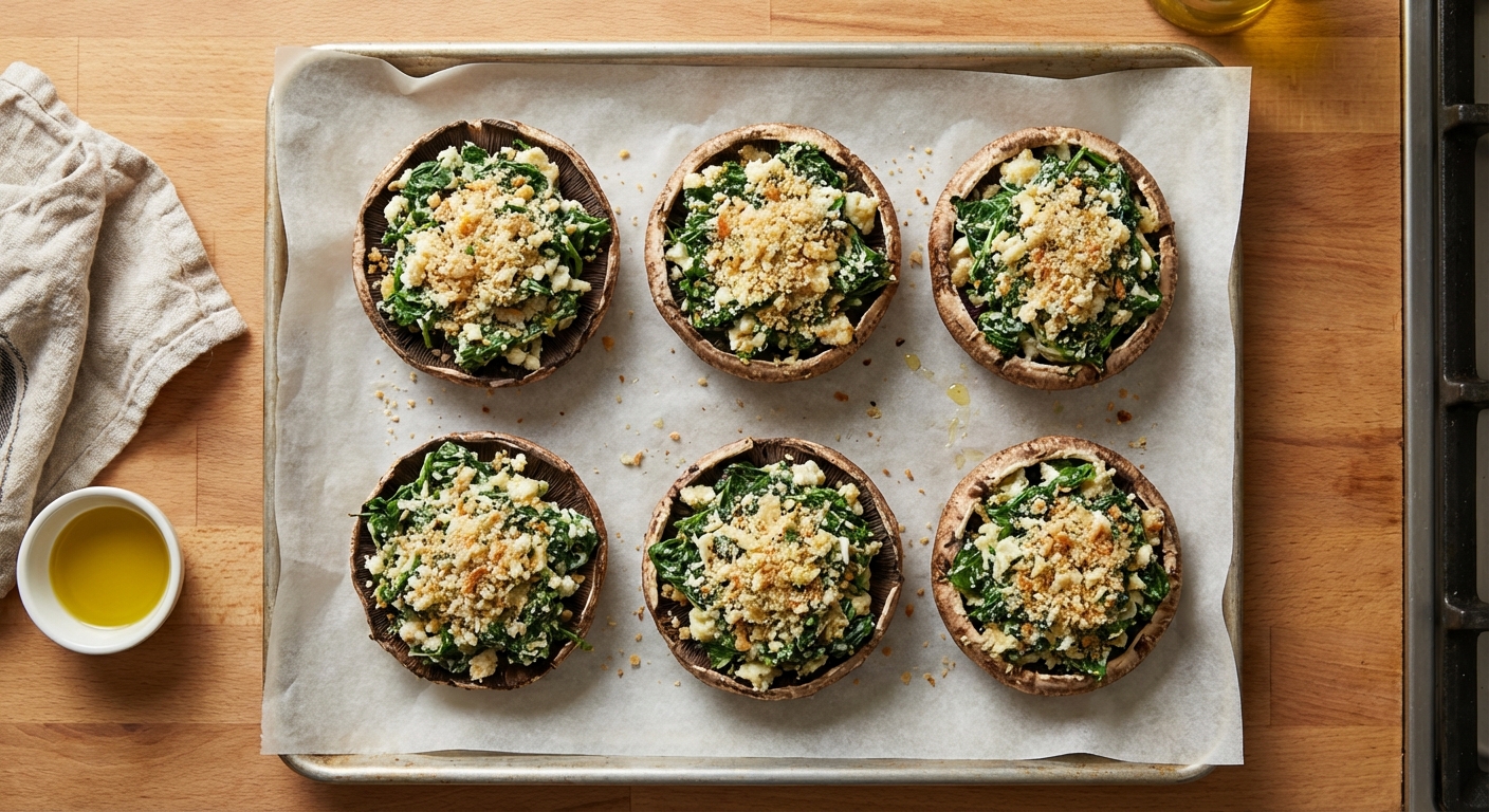 A real photograph of stuffed portobello mushrooms on a parchment-lined baking sheet just before going into the oven