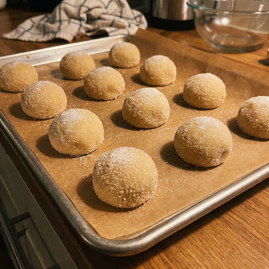 A real photograph of sugar cookie dough balls rolled in sugar on a parchment lined baking sheet ready to bake