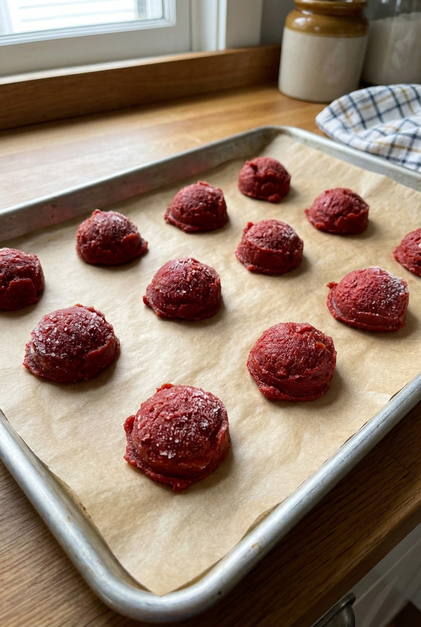 A real photograph of tablespoon-sized portions of tomato paste frozen on parchment paper on a baking sheet