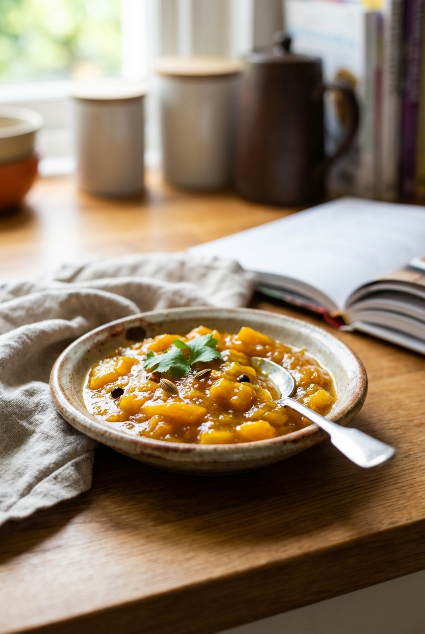 A real photograph of tangy mango chutney in a small dish with a spoon