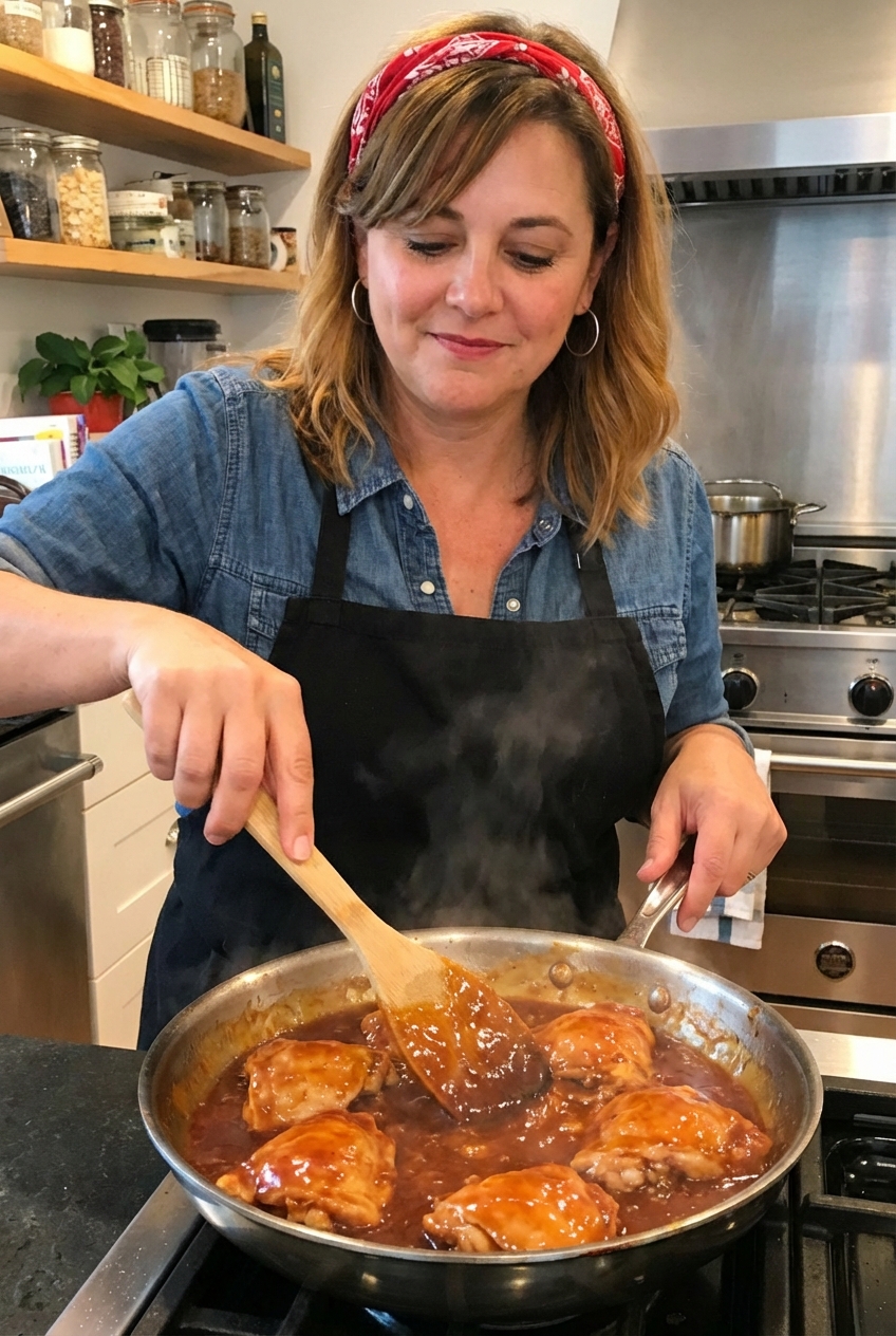 A real photograph of tangy sweet chicken being simmered in a glossy sauce in a skillet with a wooden spoon