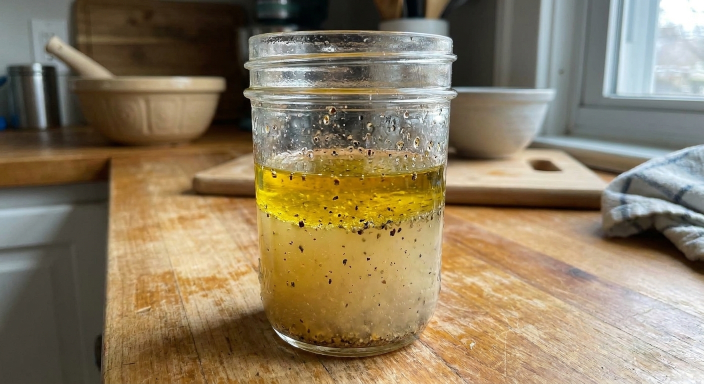 A real photograph of tangy vinegar and oil coleslaw dressing in a glass jar with visible black pepper, sitting on a kitchen counter