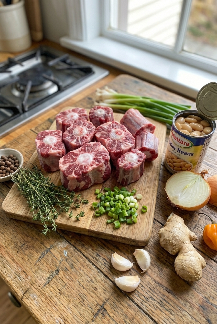 A real photograph of the ingredients for Jamaican oxtail on a kitchen counter including oxtails, thyme, scallions, onion, garlic, ginger, and a can of butter beans