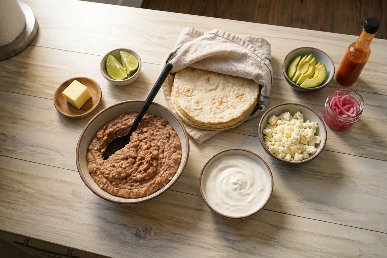 A real photograph of the ingredients for baleadas laid out on a clean kitchen counter: flour tortillas, a bowl of refried beans, crema in a small dish, crumbled queso, butter, and a few optional toppings