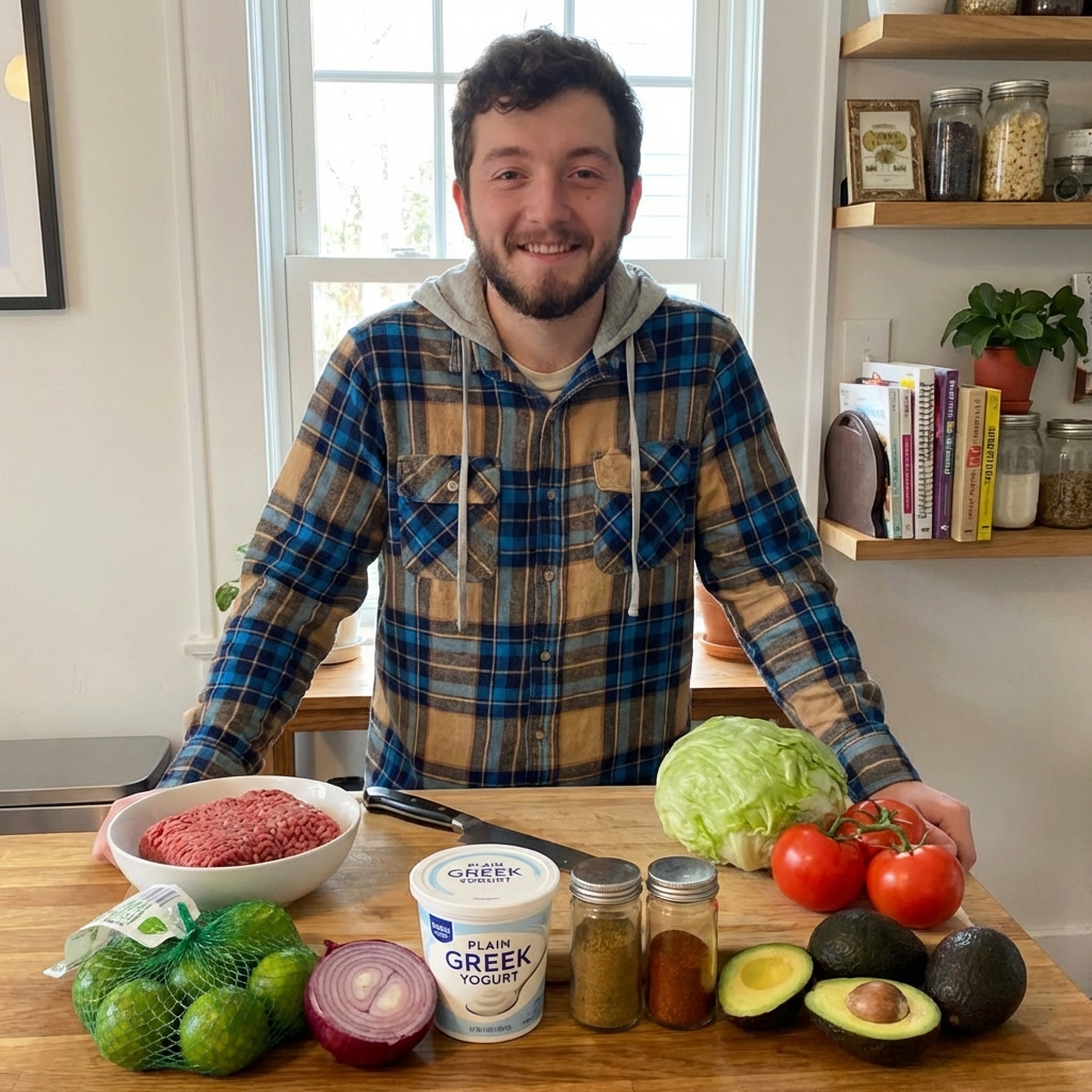 A real photograph of the ingredients for beef taco bowls laid out on a kitchen counter including ground beef, limes, red onion, yogurt, spices, lettuce, tomatoes, and avocado